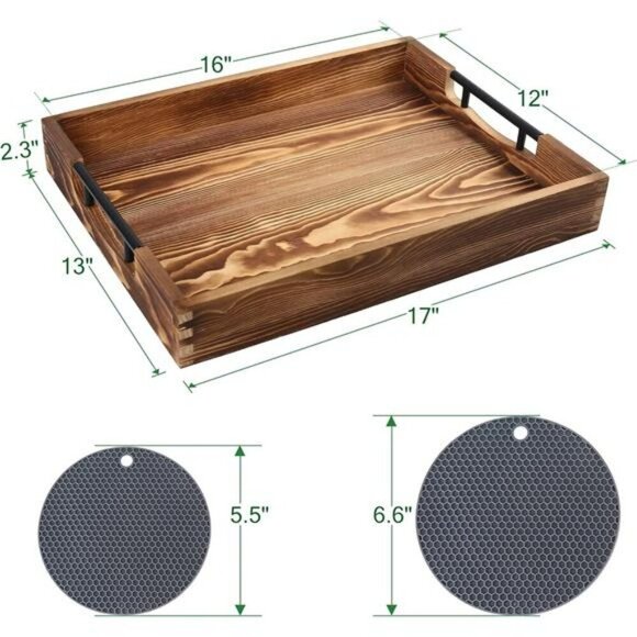 Large Wood Ottoman Tray with Handles for Coffee Table Living Room Decor 17x13 - Picture 3 of 7